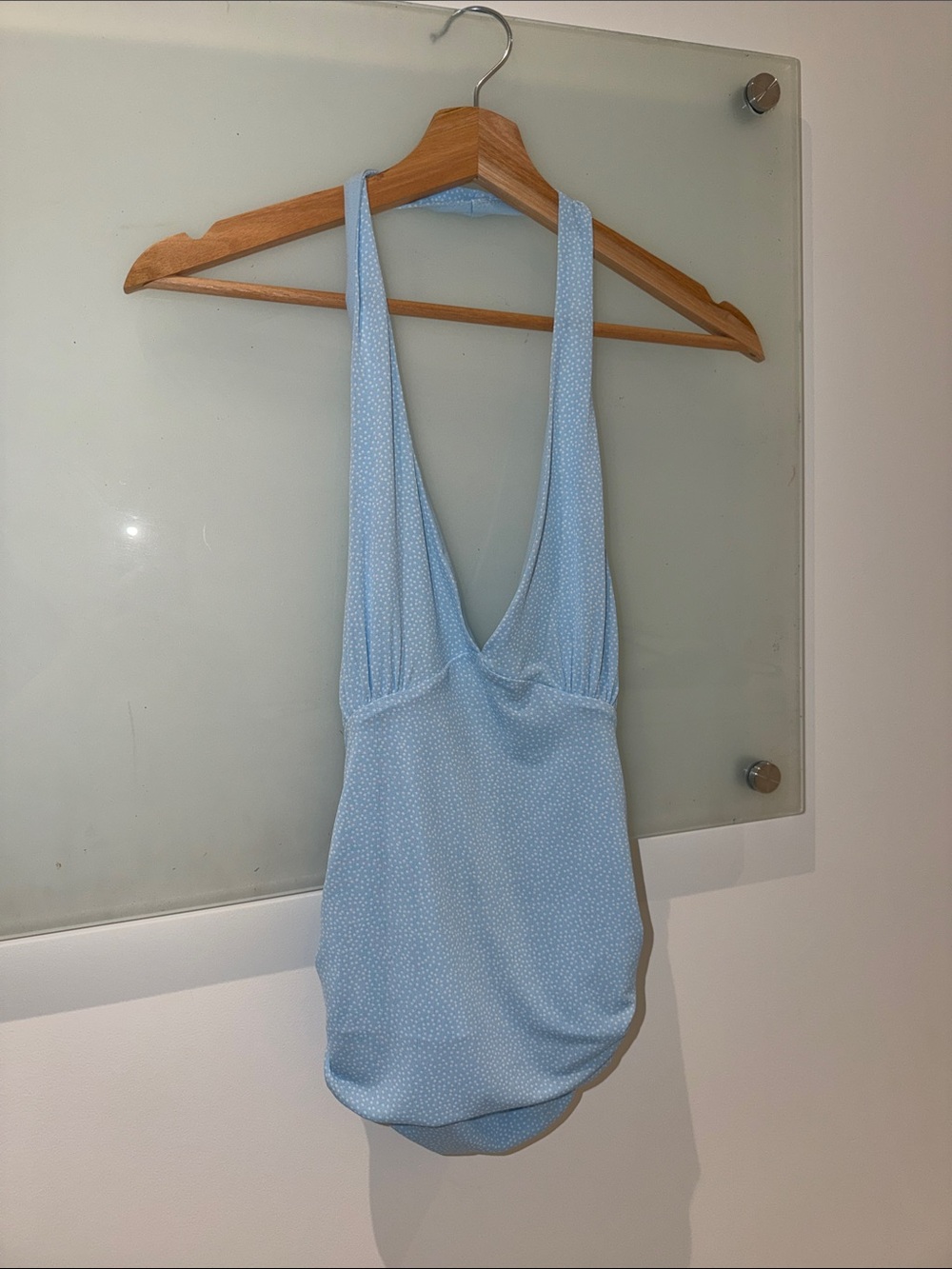 Zara Pale Blue Halter V-Neck Tank with Micro Dot Print